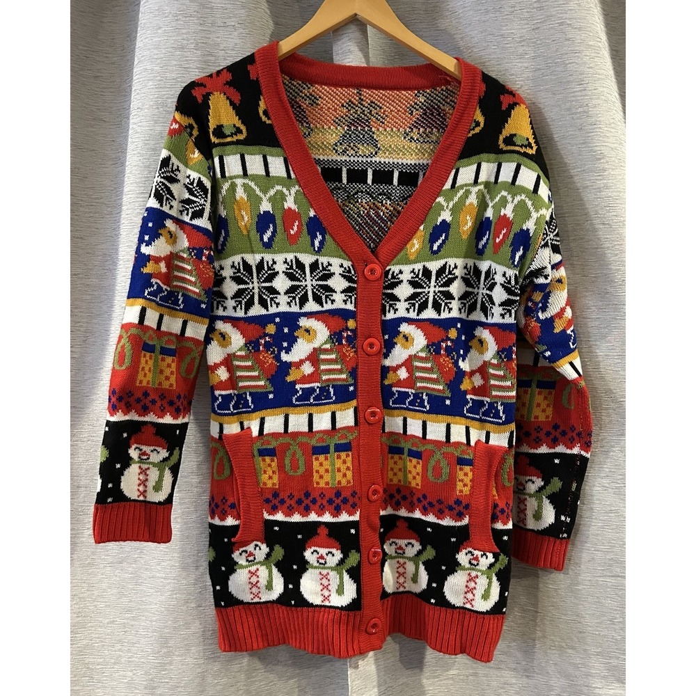 Vintage Ugly Christmas Holiday Knit Cardigan‎ Santa Snowman Size Small